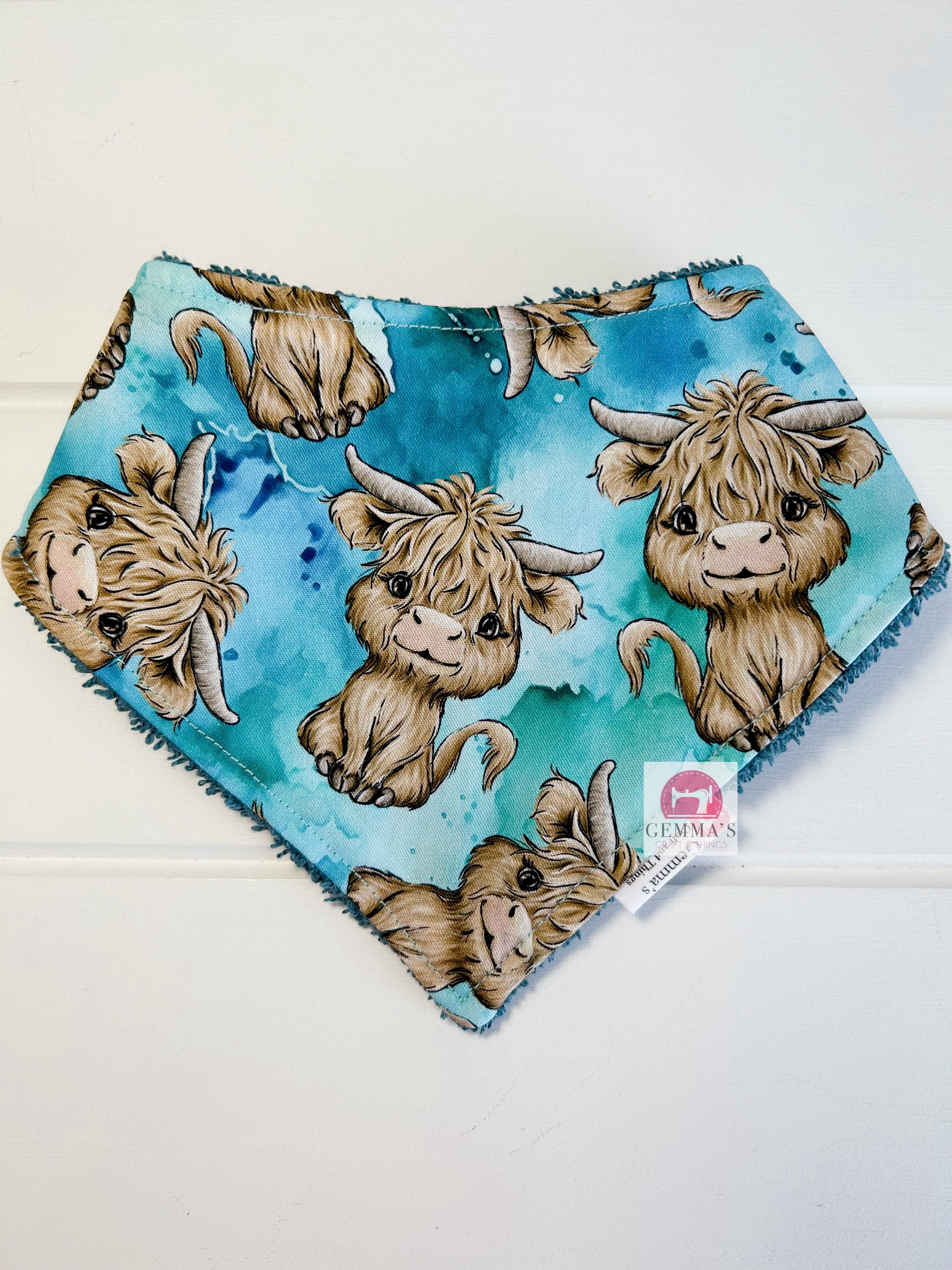 Teal Watercolour Highland Cow Bandanna Bib