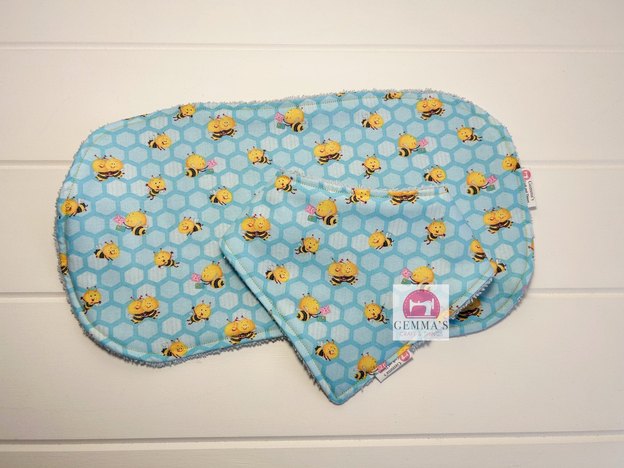 Blue Bee Bib and Burp Cloth Set