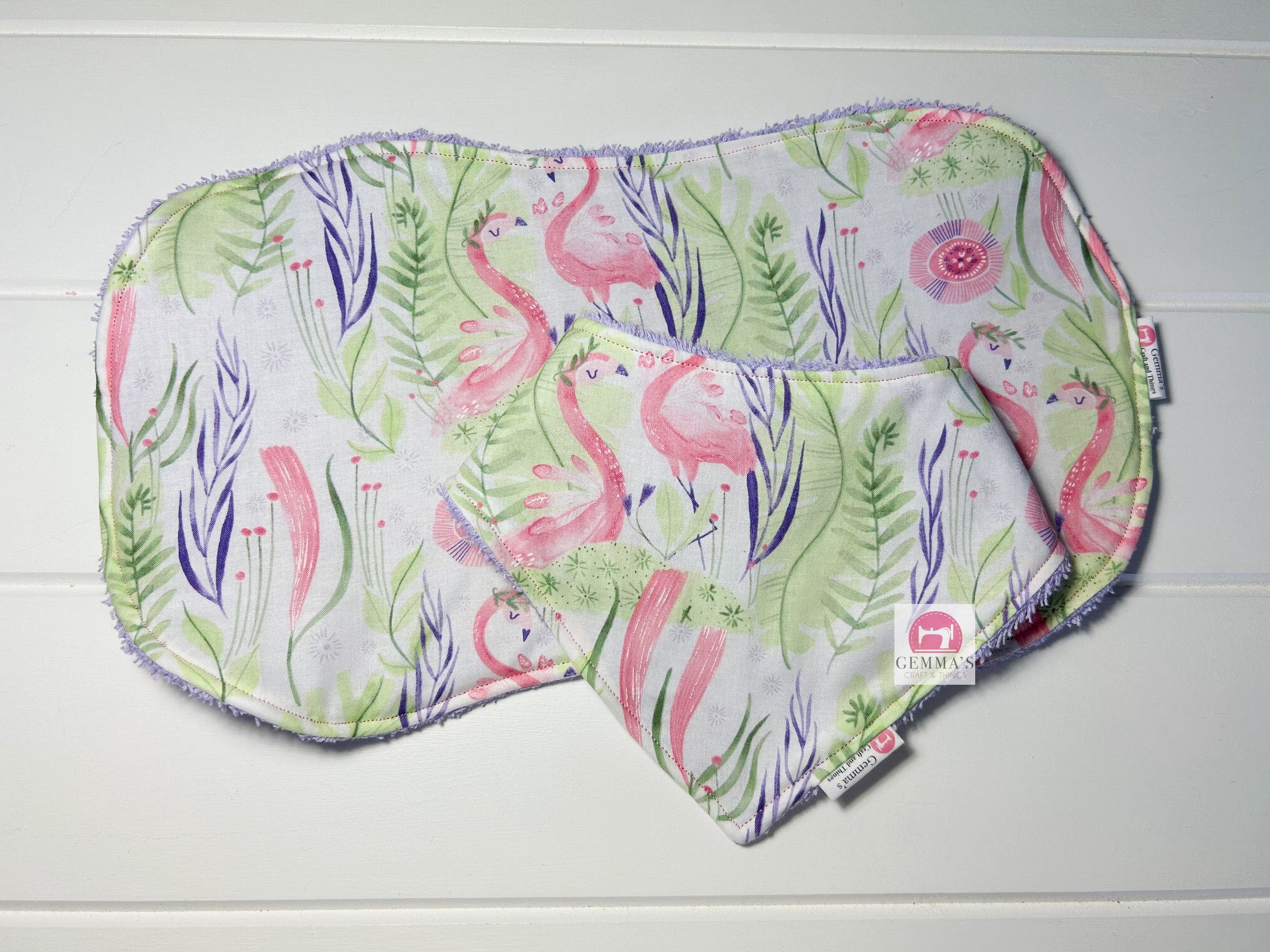 Purple Flamingo Bib and Burp Cloth Set