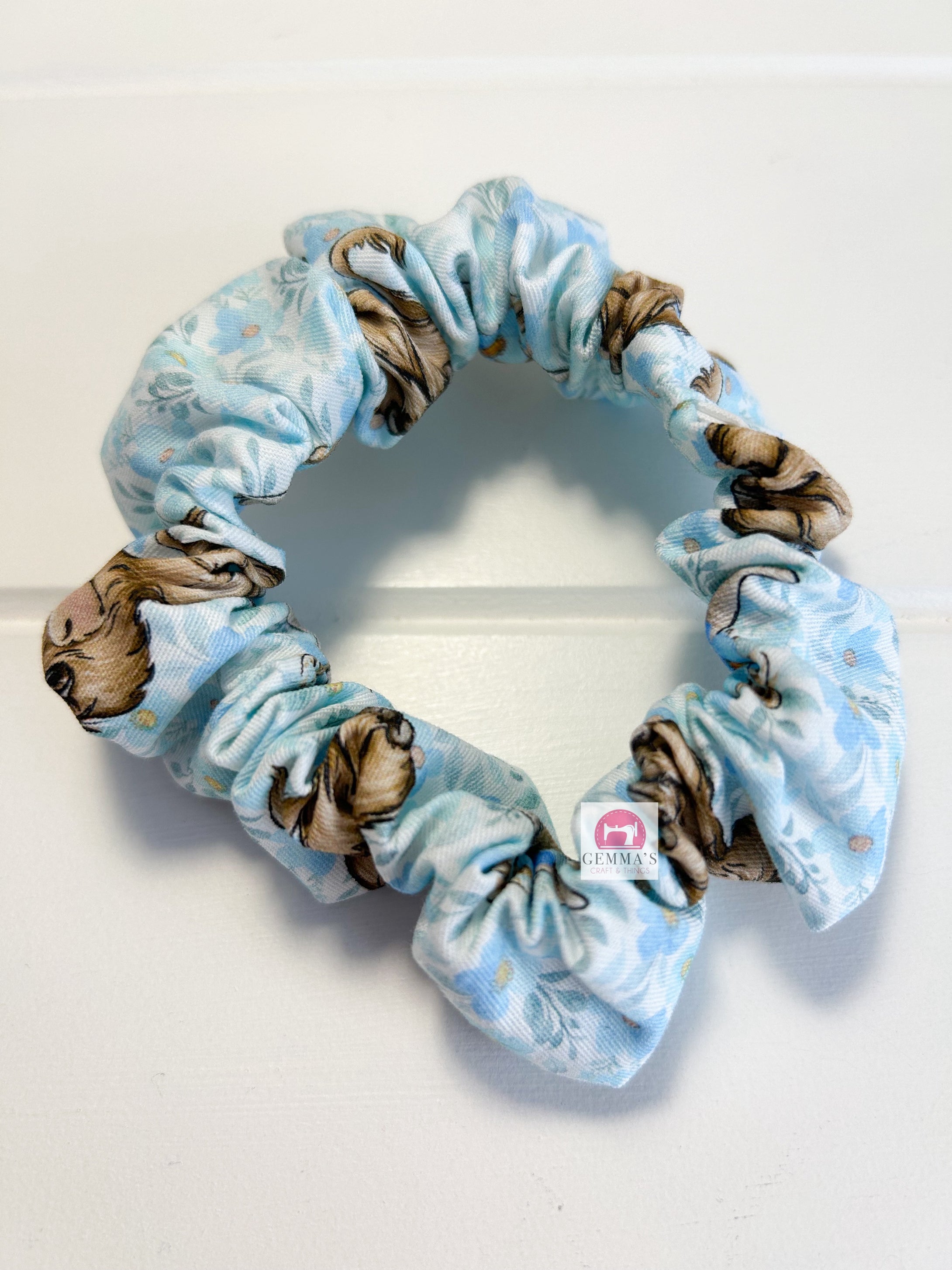 Pale Blue Floral Highland Cow Scrunchie