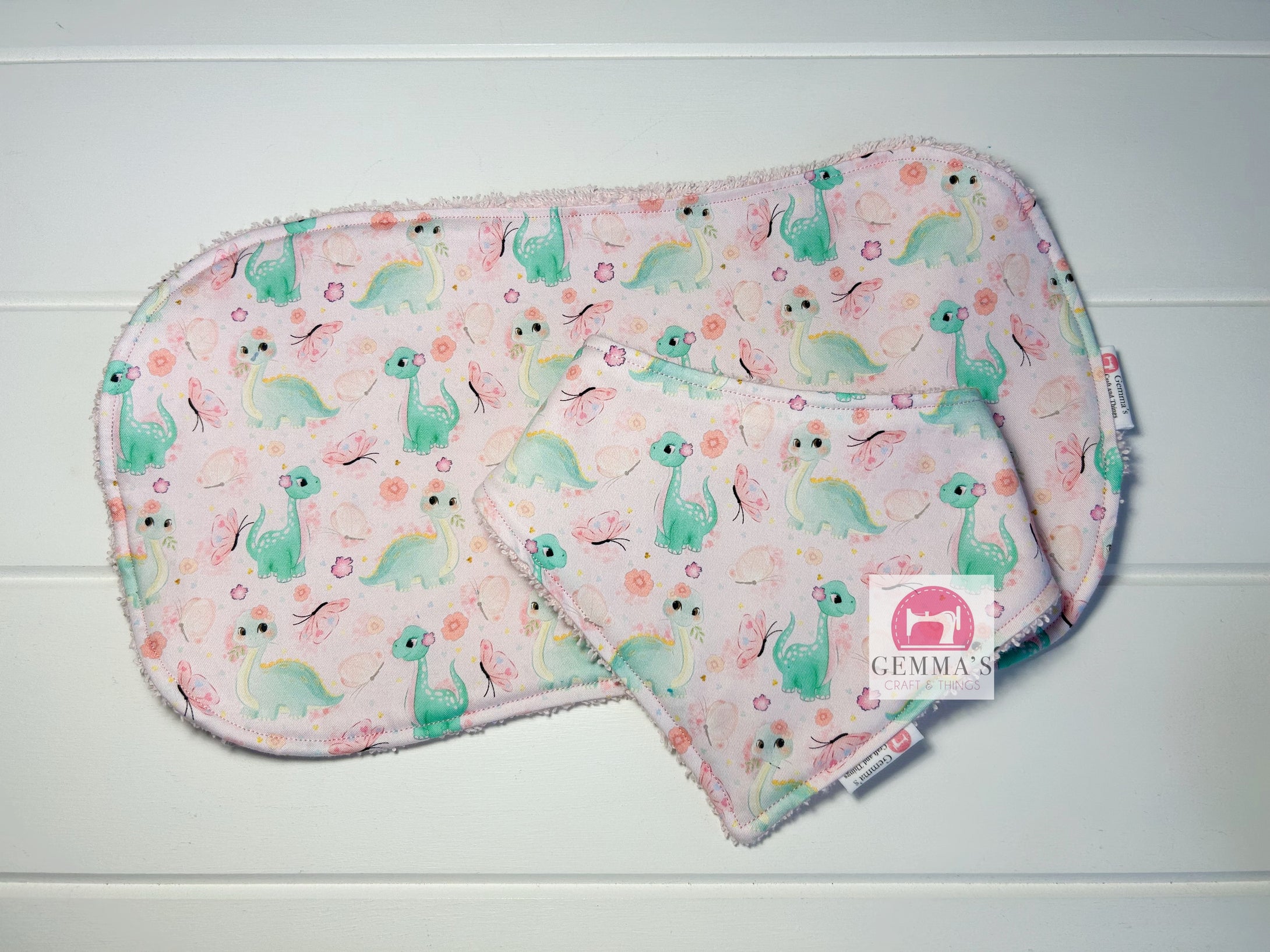 Pink Dinosaur Bib and Burp Cloth Set