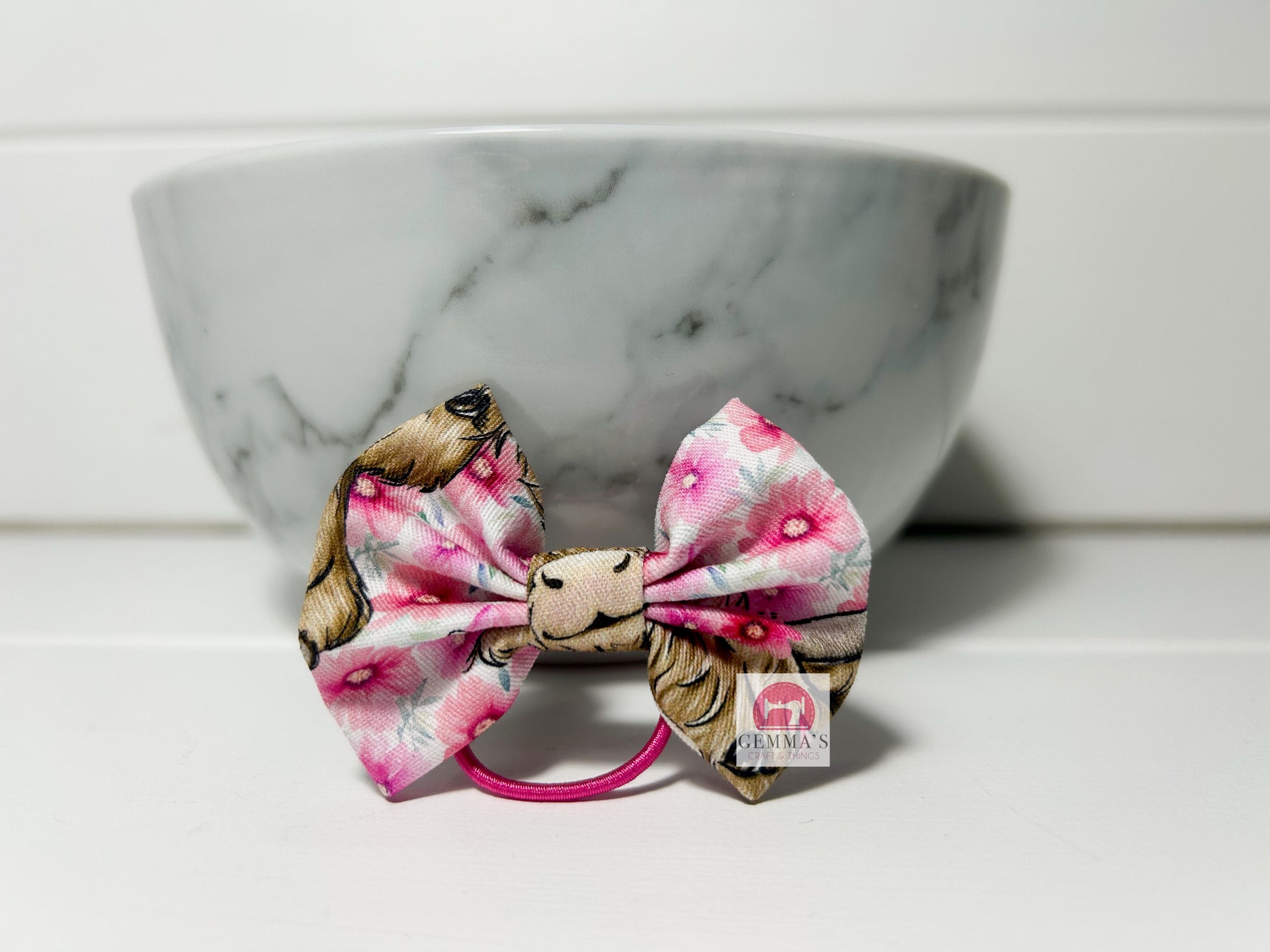 Hot Pink Floral Highland Cow Small Bow