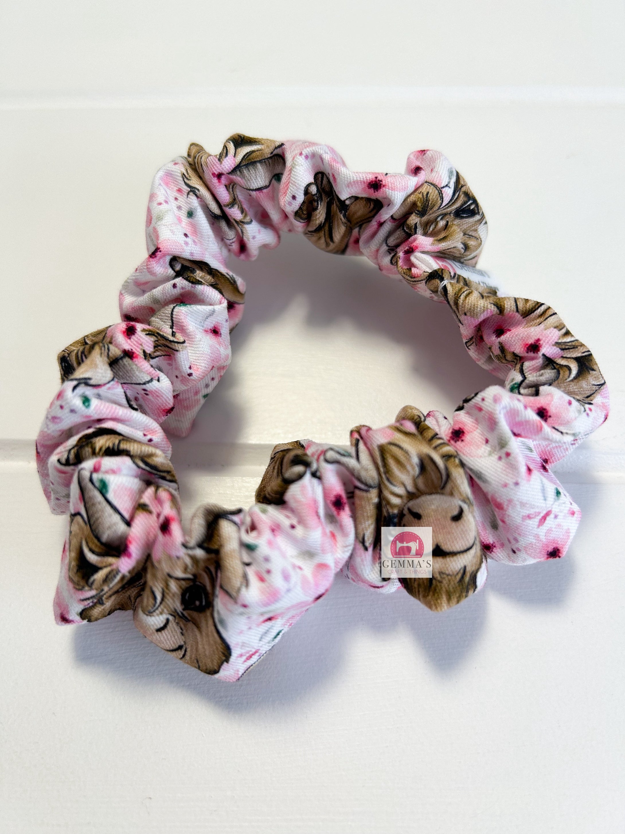 Pale Pink Floral Highland Cow Scrunchie