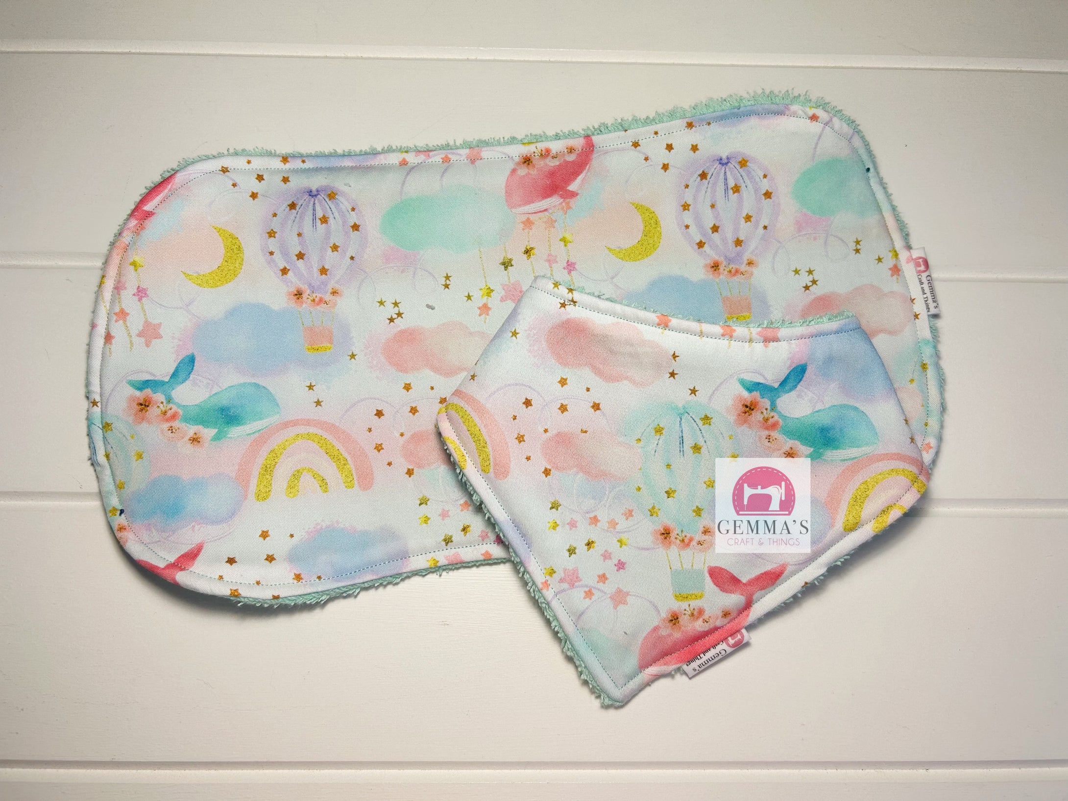 Mint Whale Bib and Burp Cloth Set