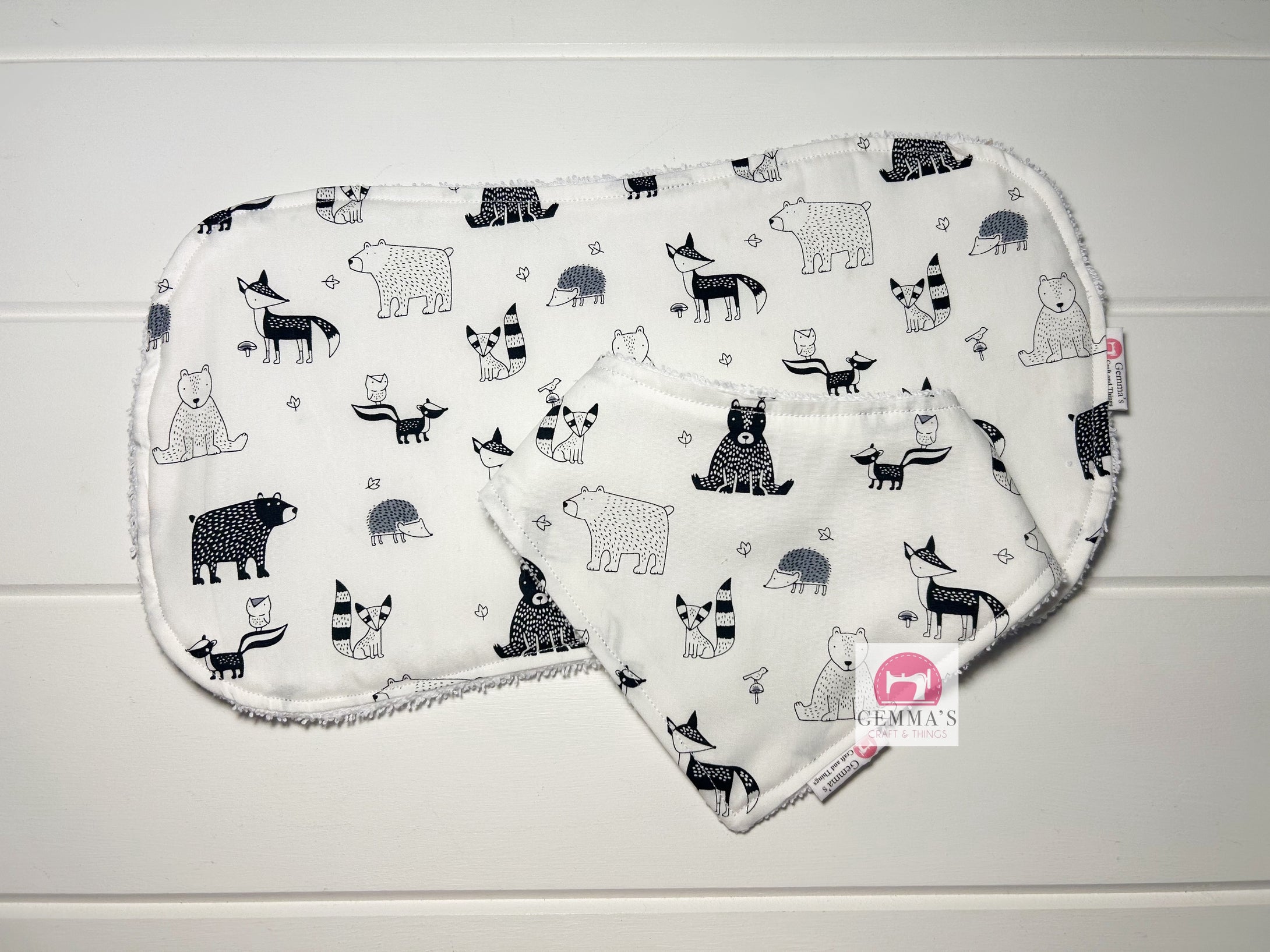 Black and White Woodland Bib and Burp Cloth Set