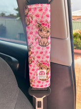 Load image into Gallery viewer, Hot Pink Floral Highland Cow Seatbelt Cover
