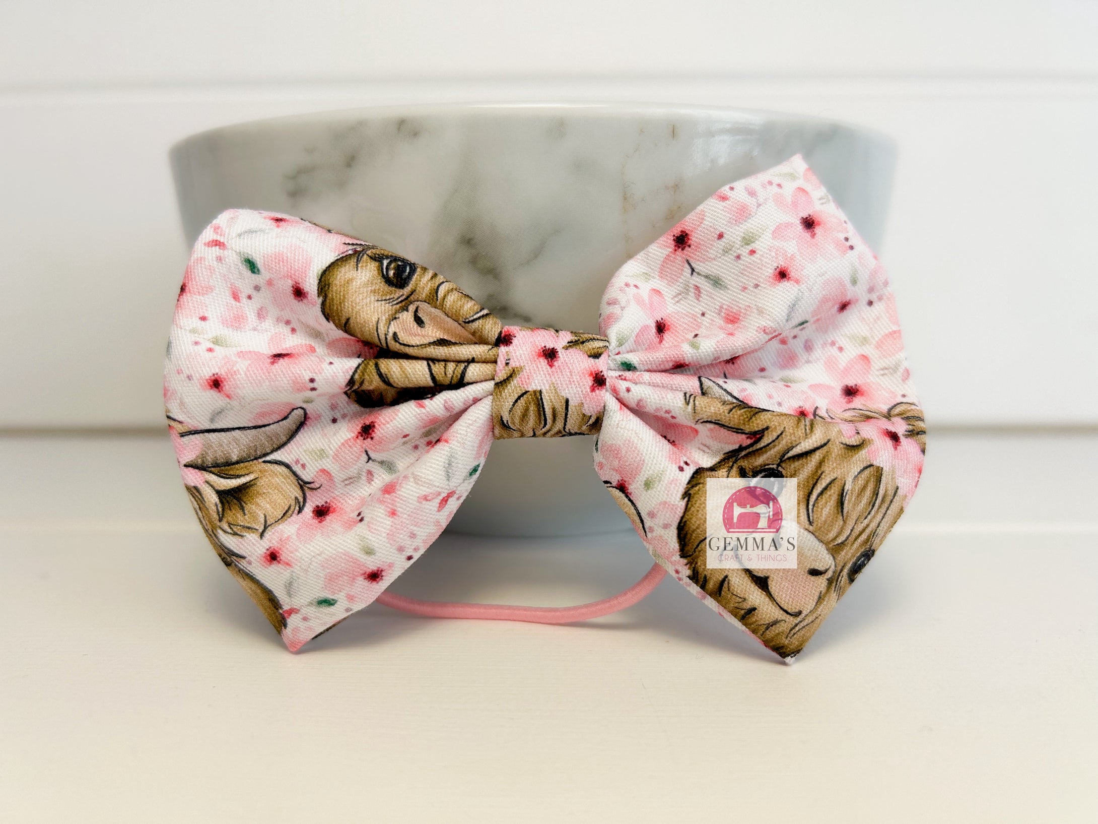 Pale Pink Highland Cow Large Bow