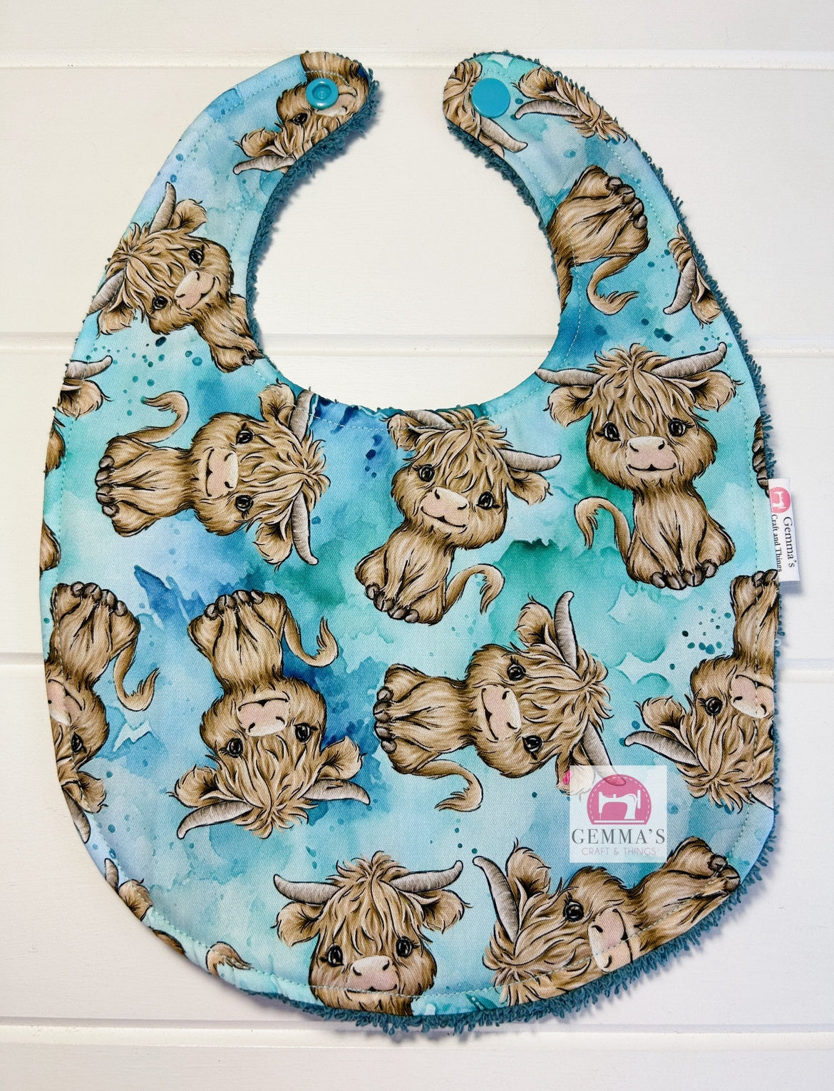 Aqua Highland Cow Feeding Bib