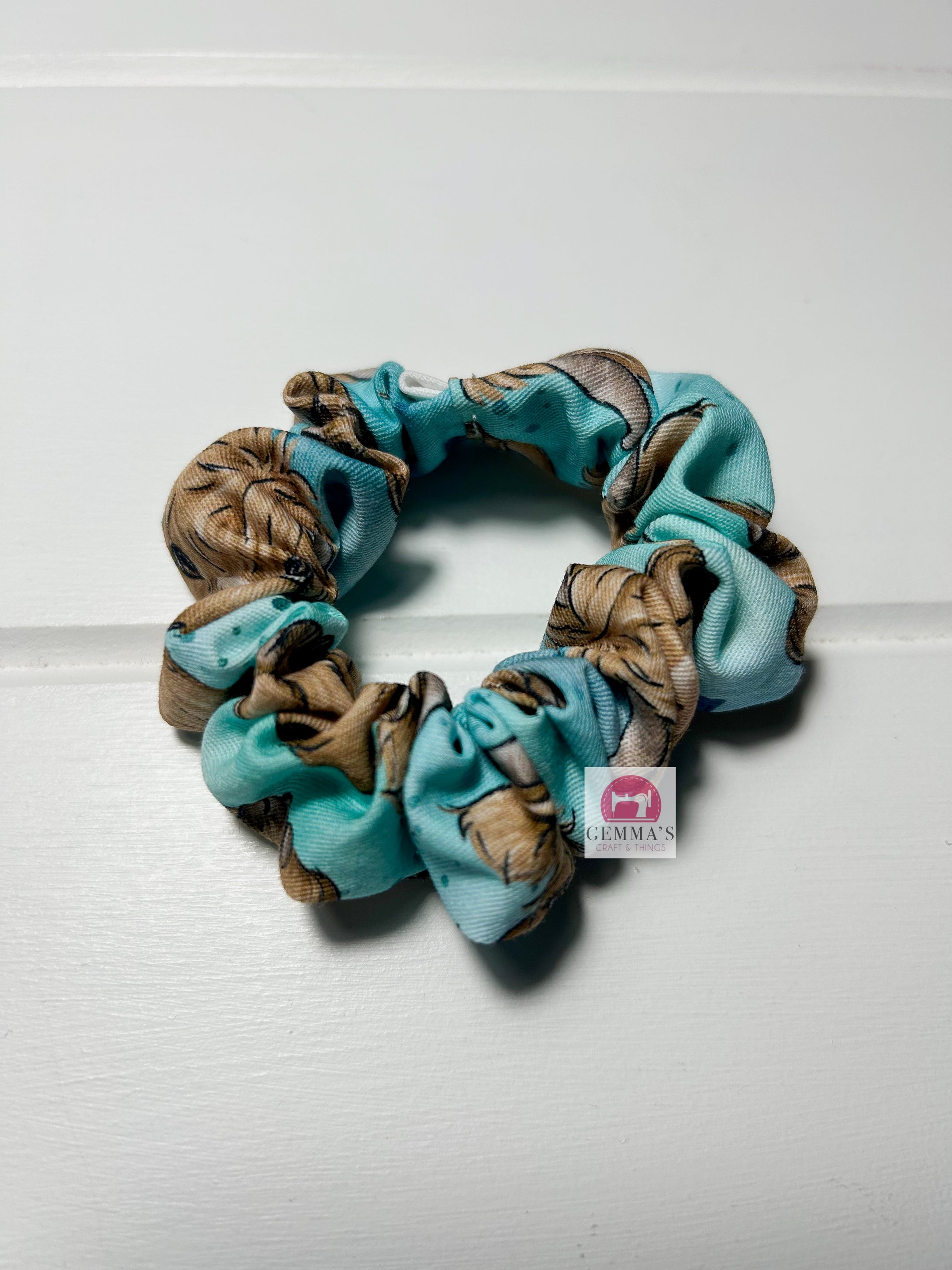 Aqua Highland Cow Mini Scrunchies