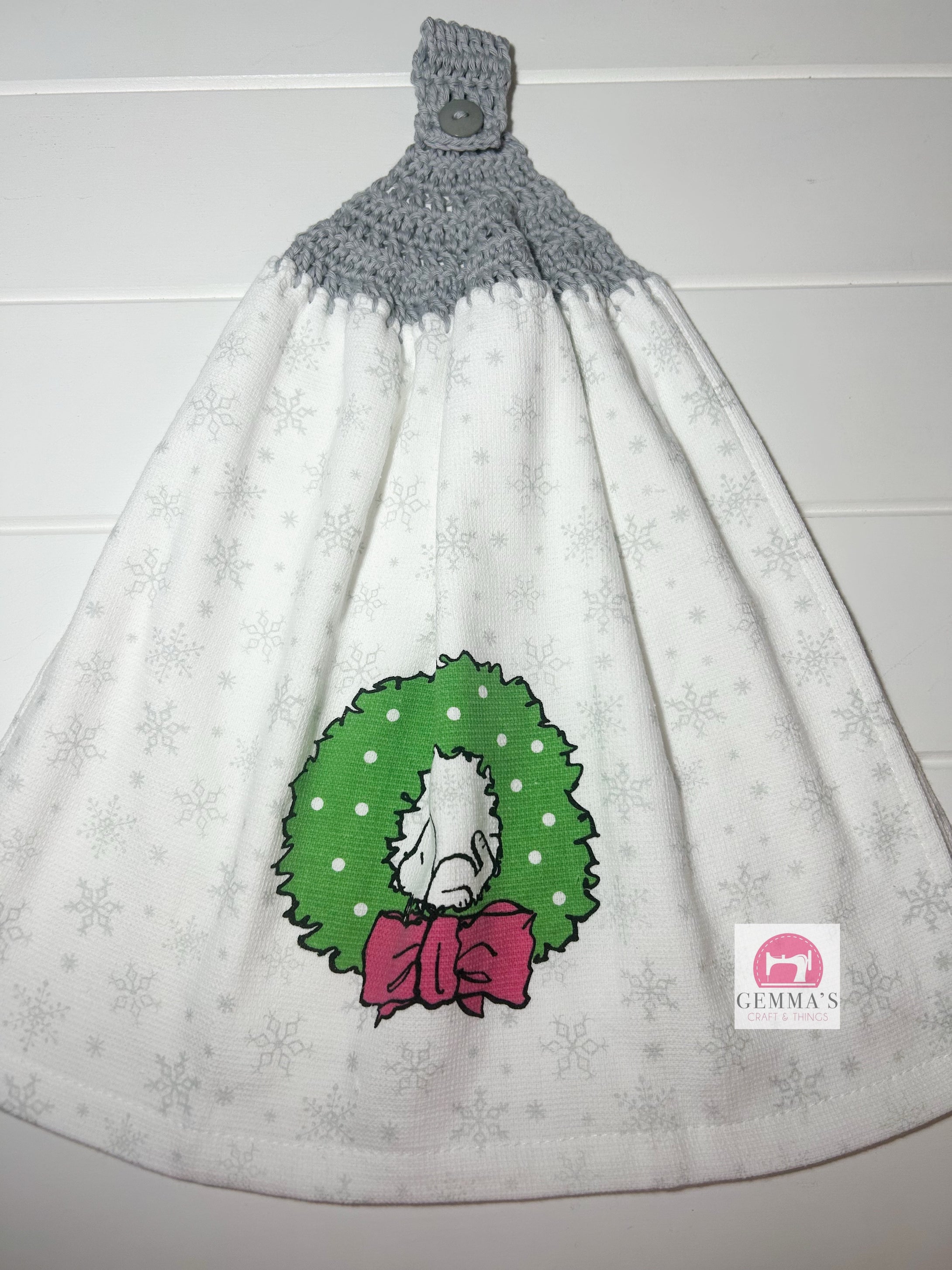 White Dog Christmas Wreath Tea Towel