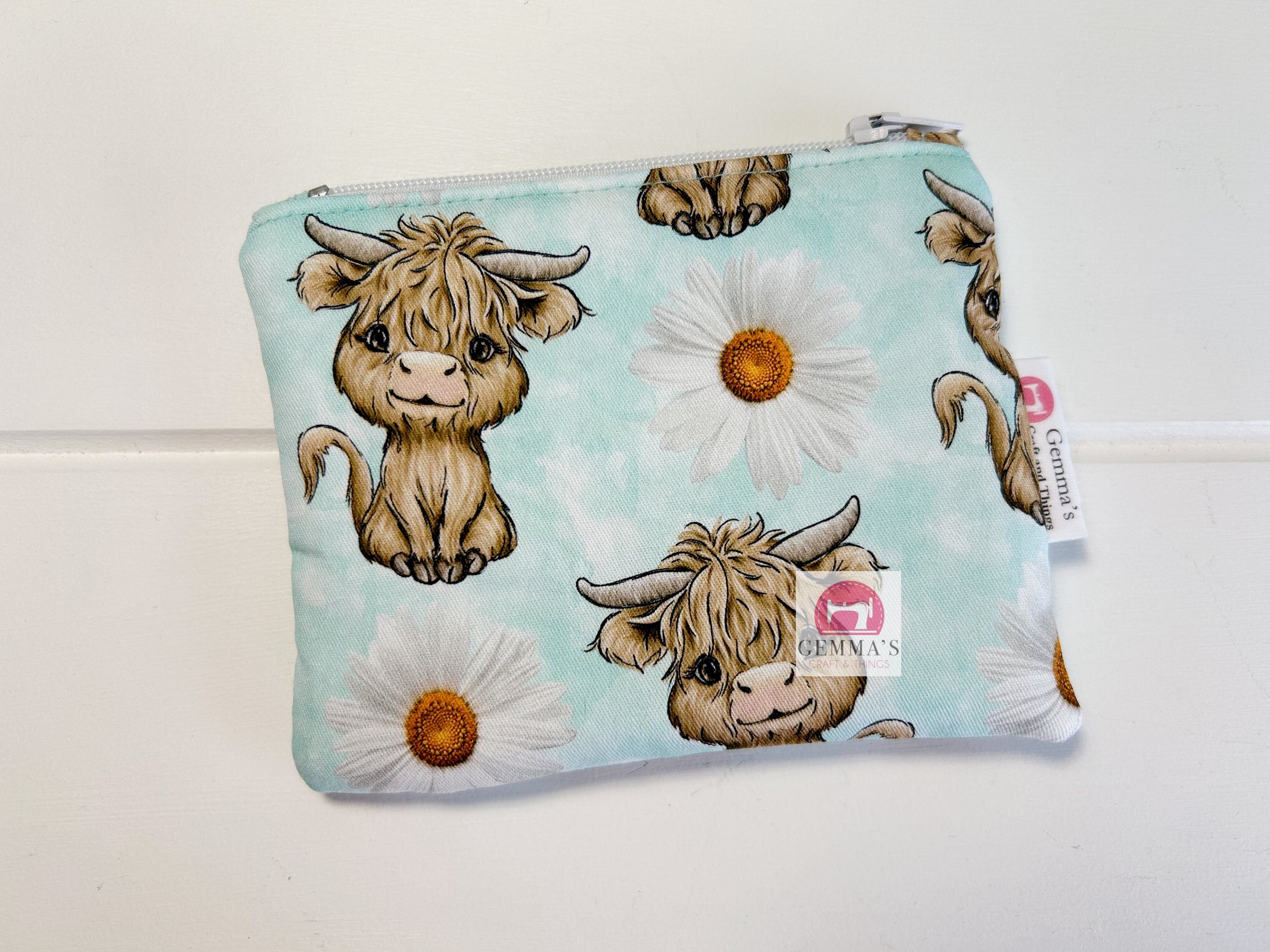 Mint Floral Highland Cow Coin Purse