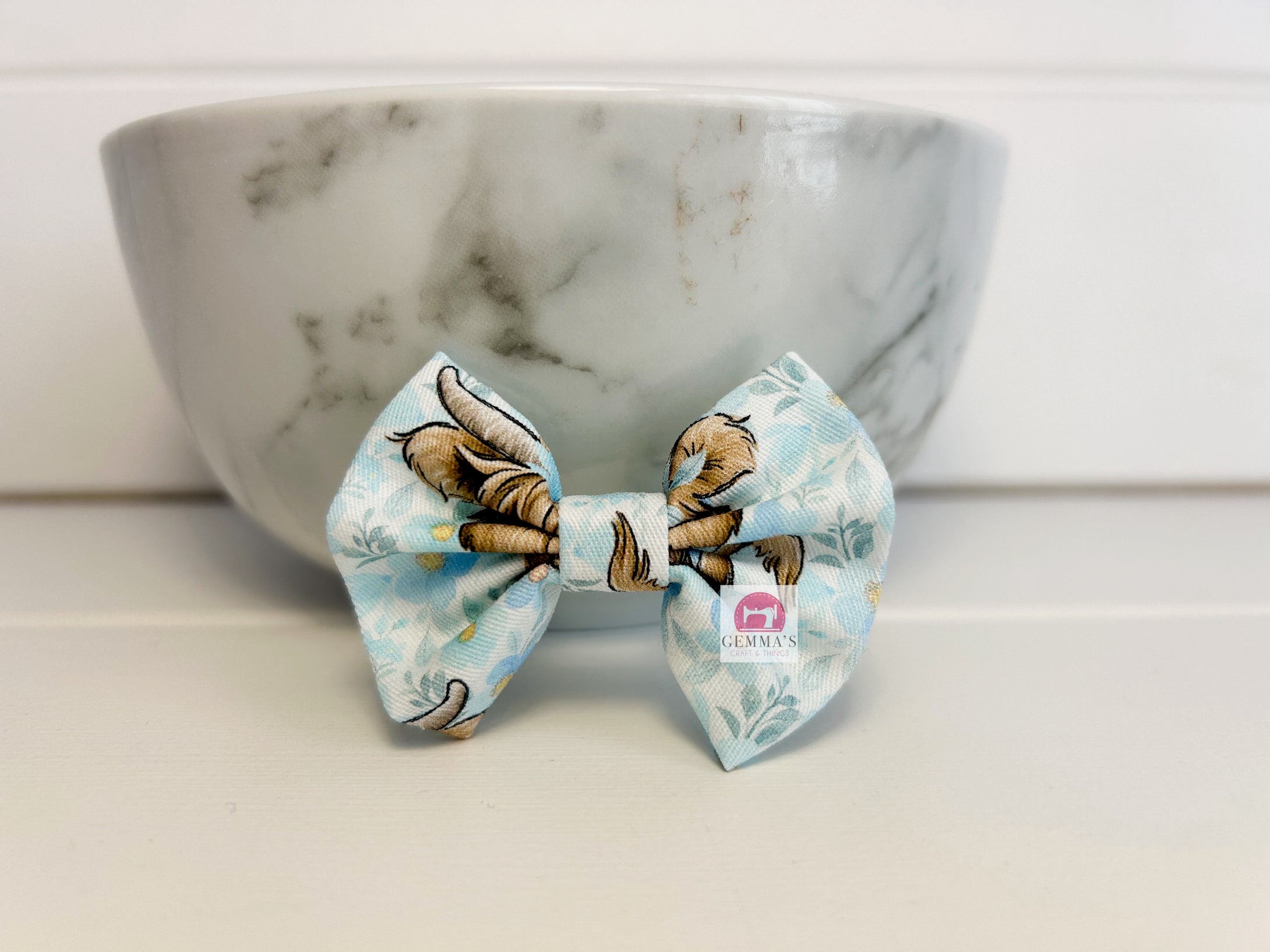 Pale Blue Floral Highland Cow Small Bow