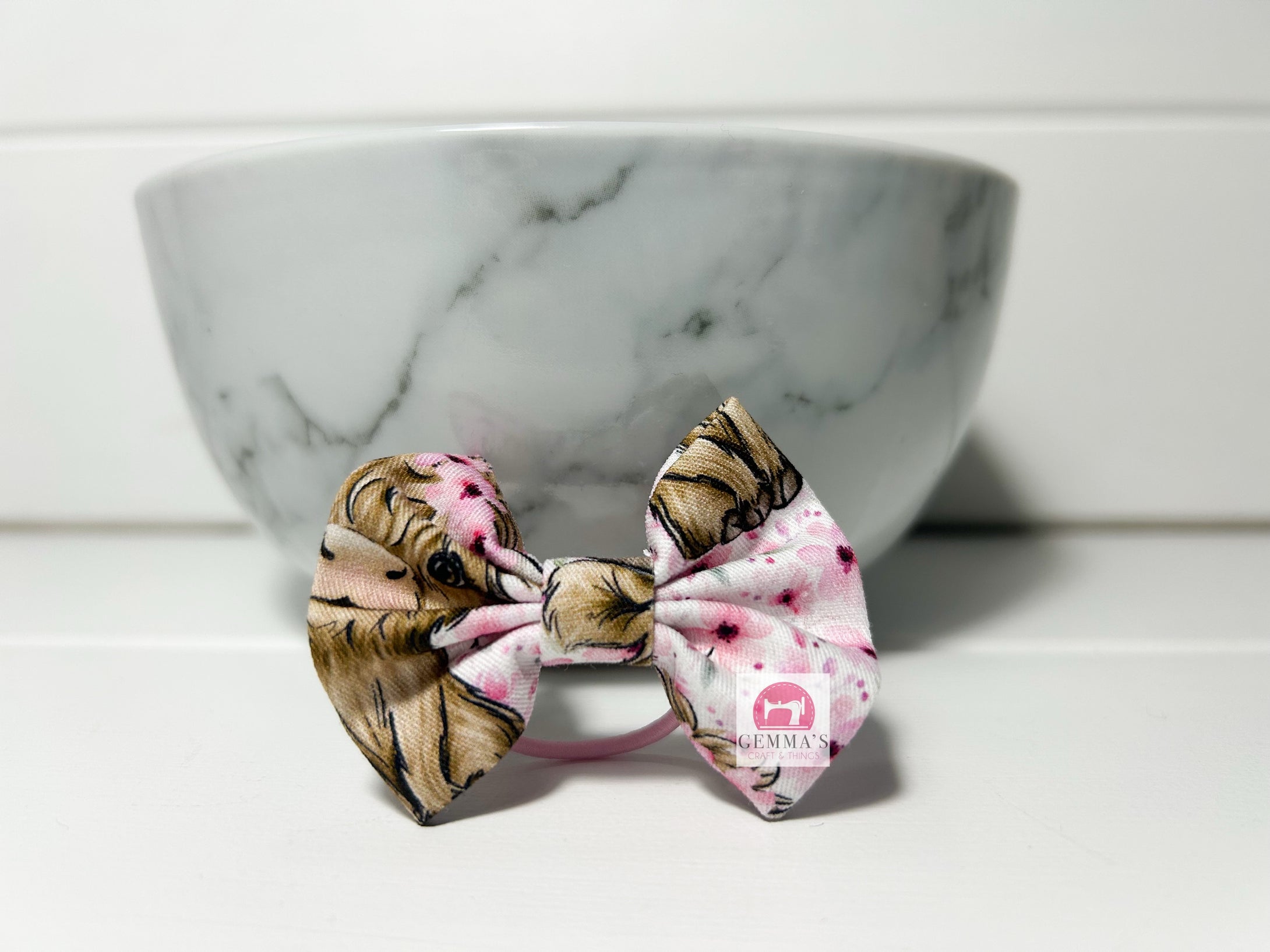 Pale Pink Floral Highland Cow Small Bow