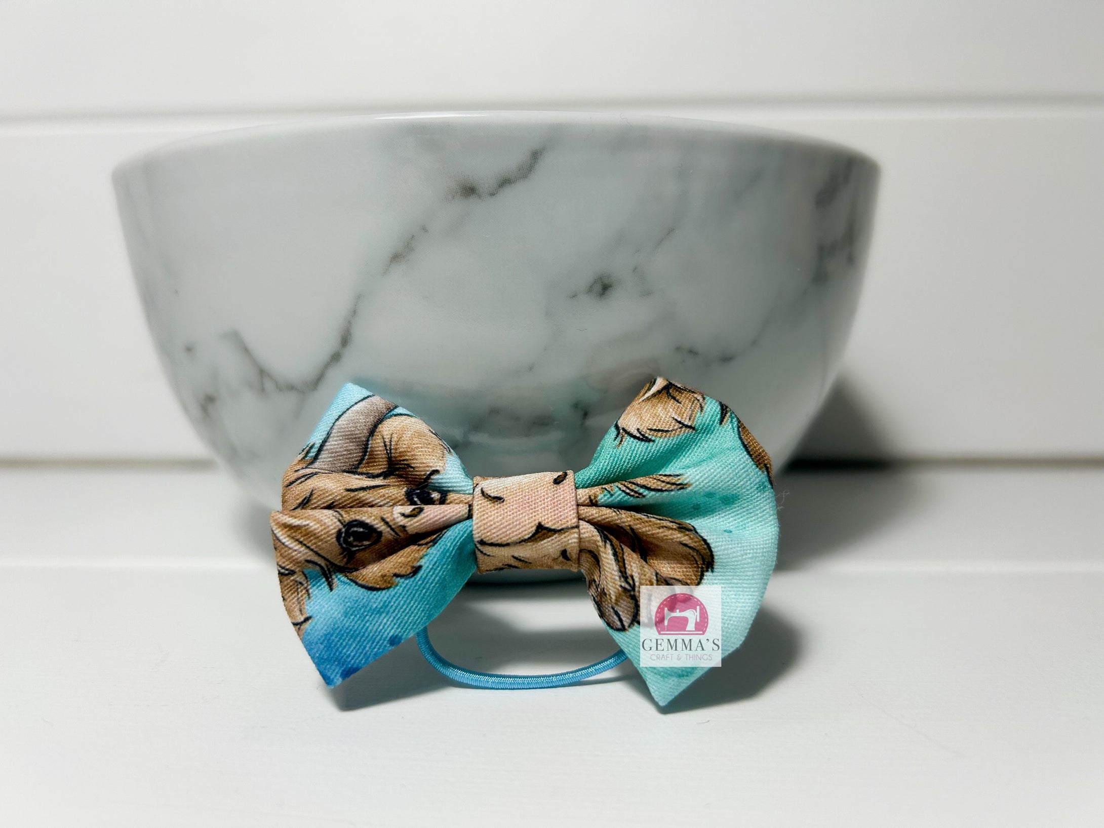 Teal Watercolour Highland Cow Small Bow