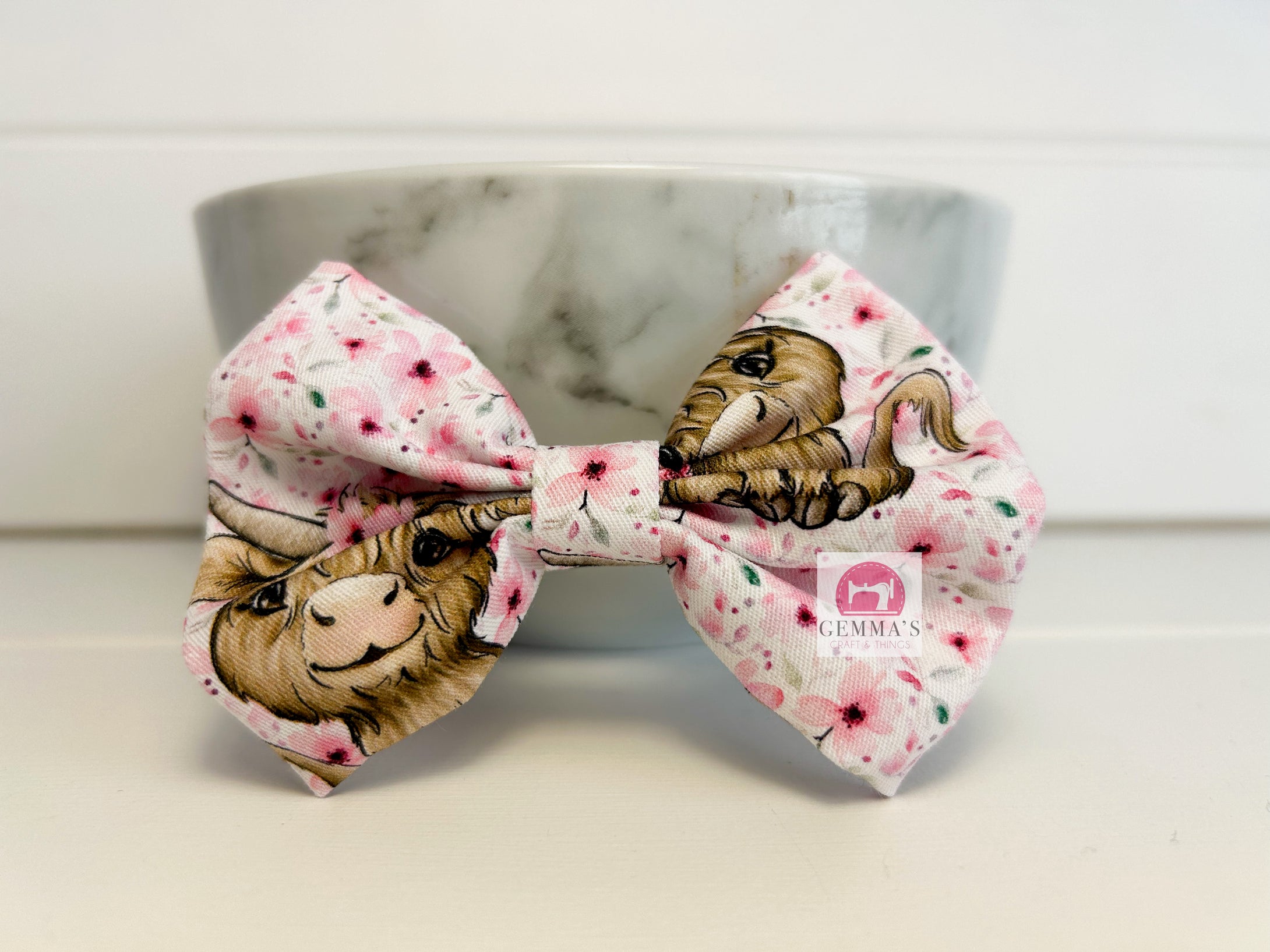 Pale Pink Floral Higland Cow Large Bow