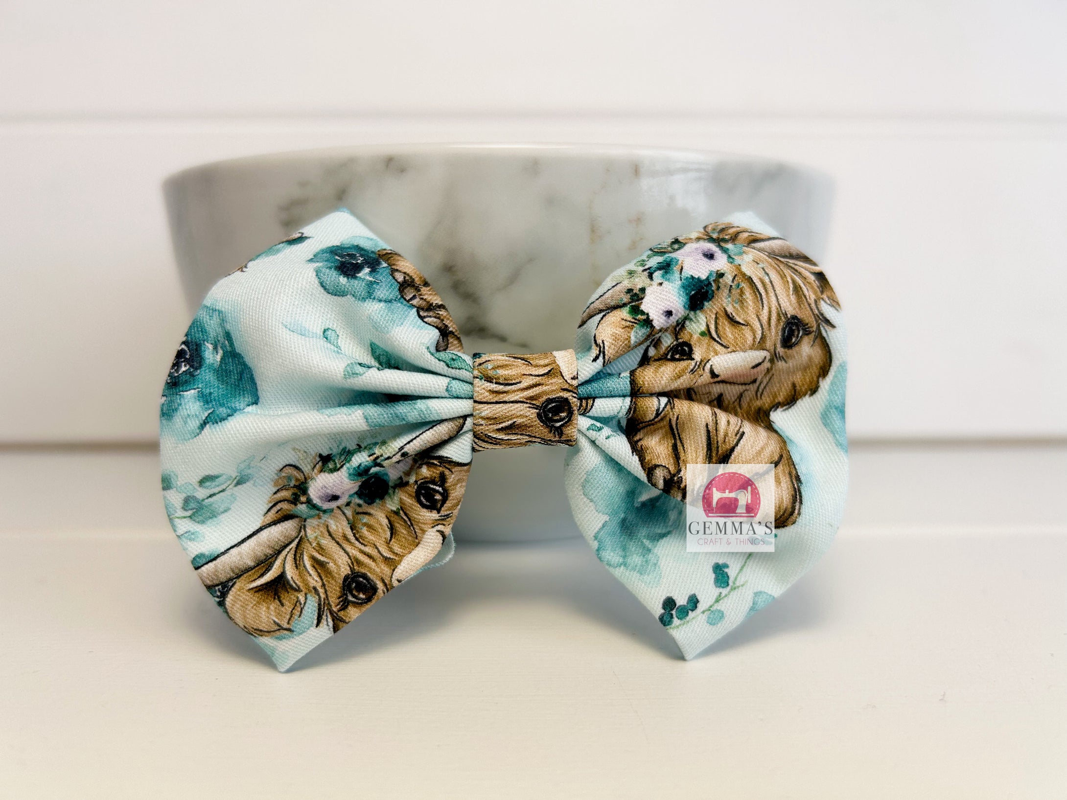 Teal Floral Higland Cow Large Bow