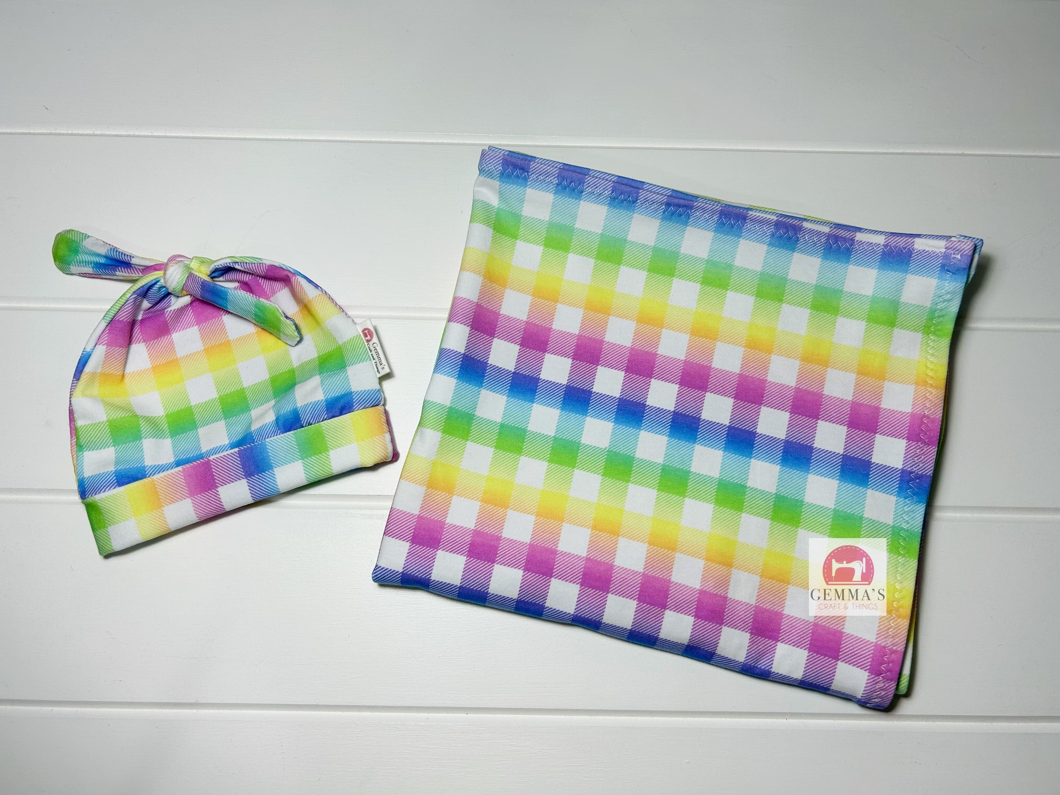 Rainbow Gingham Swaddle Set with Newborn Hat