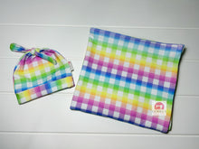 Load image into Gallery viewer, Rainbow Gingham Swaddle Set with Newborn Hat
