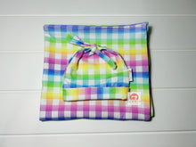 Load image into Gallery viewer, Rainbow Gingham Swaddle Set with Newborn Hat
