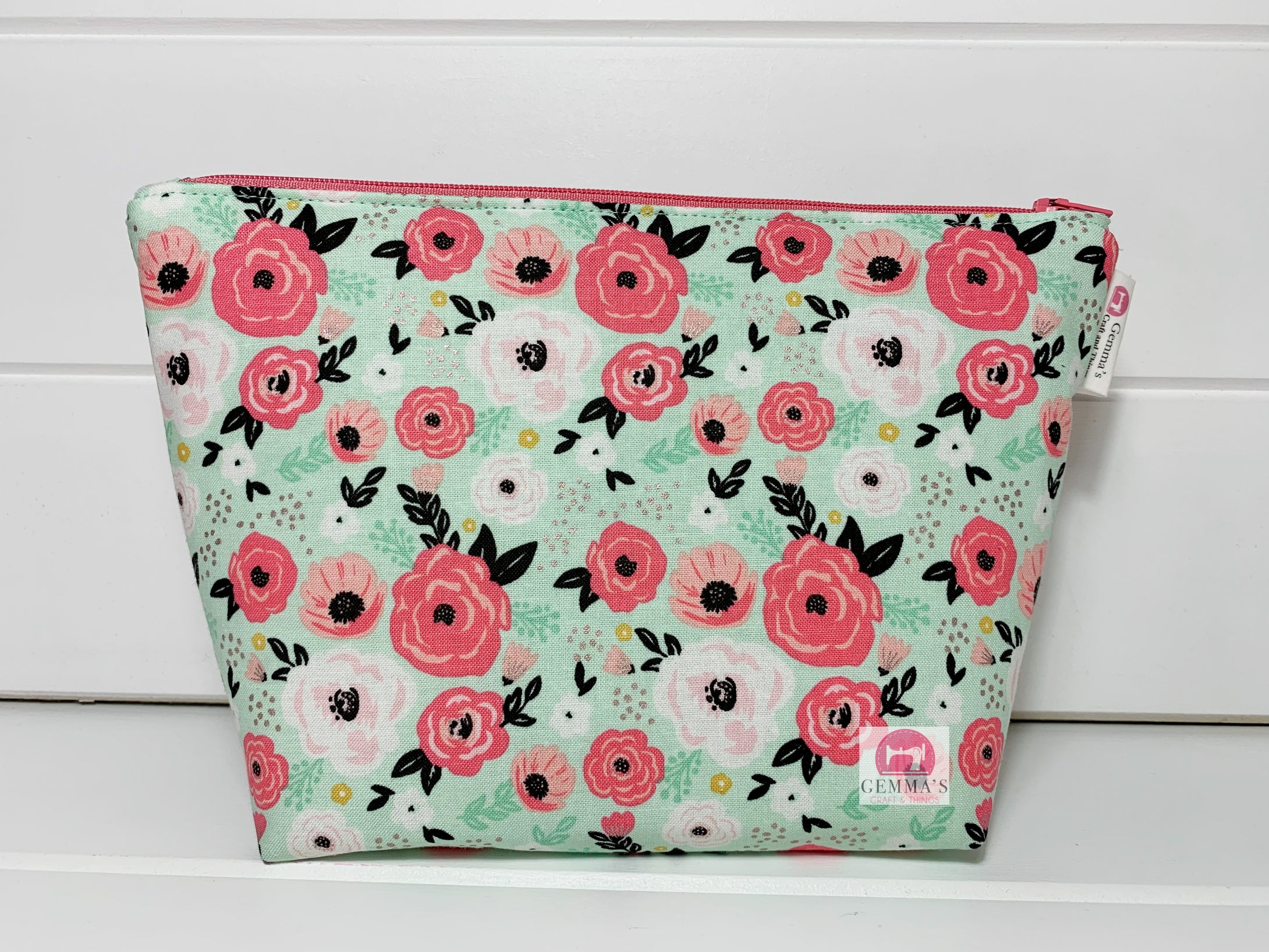 Mint Rose Gold Floral Zip Up Pouch